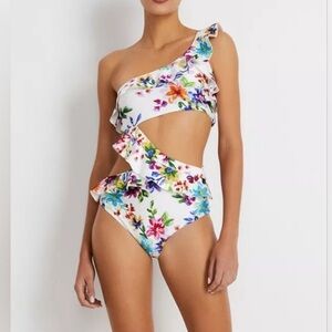 Patbo bloom one shoulder ruffle one piece multicolor